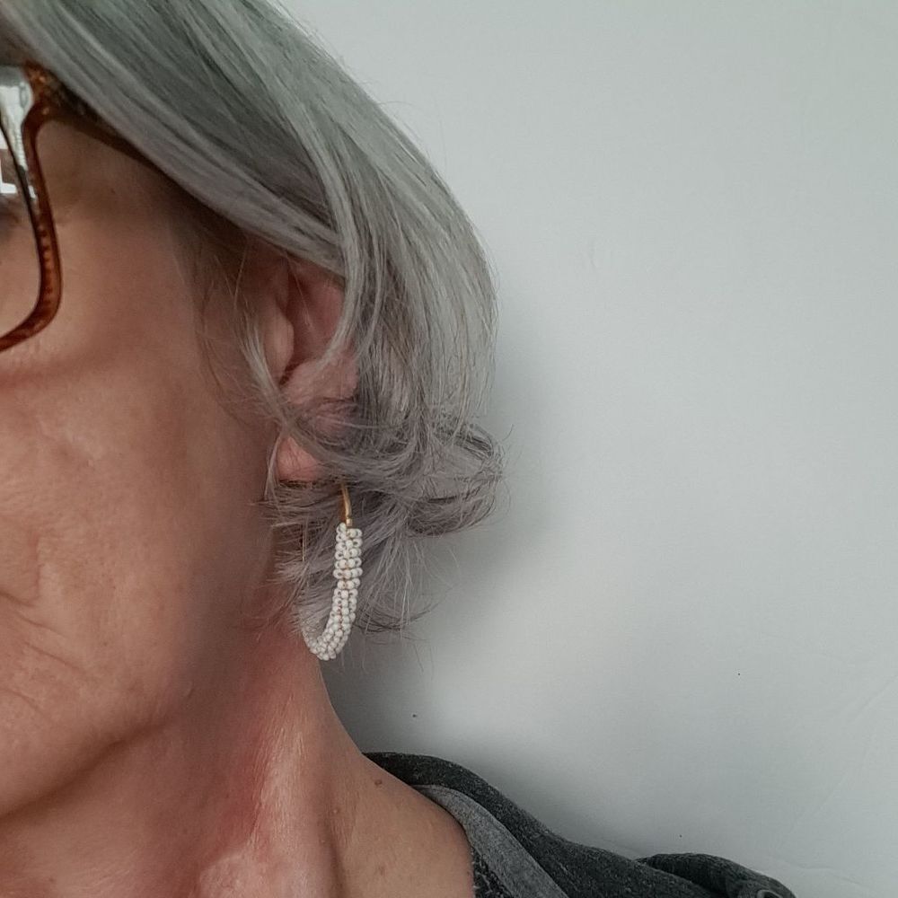 Seed Beaded Hoop Earrings White